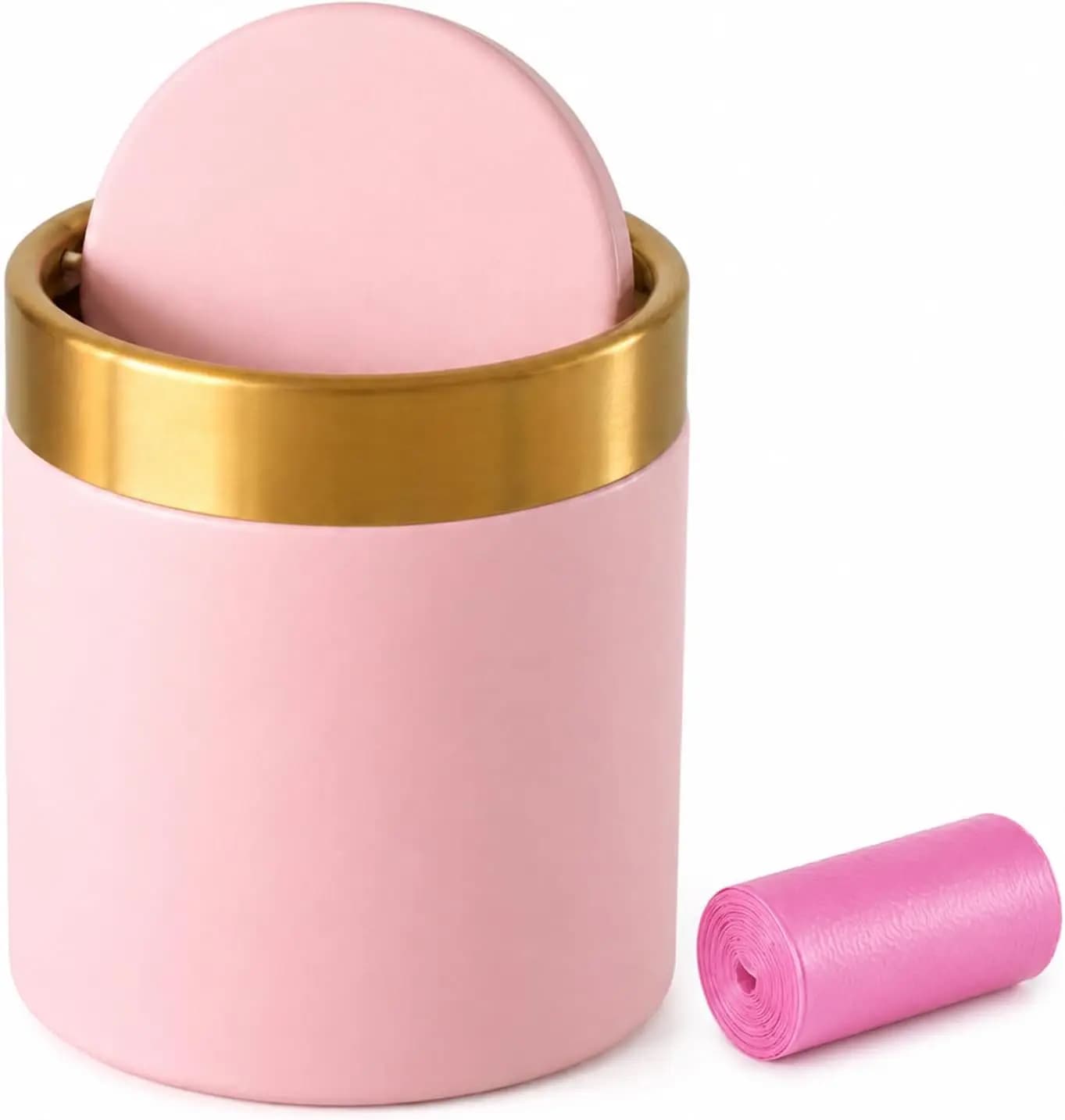 Mini cestino per rifiuti rosa con coperchio – Cestino in metallo con coperchio a battente per scrivania, 1,5 l/0,4 galloni