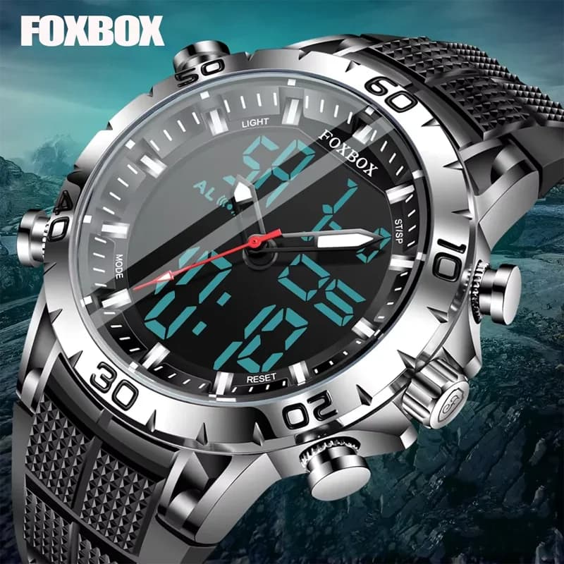 FOXBOX men's sports watches Top Brand luxury double watch quartz men's watch waterproof digital electronic watch + box