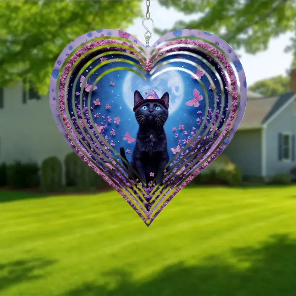 2D Flat Dimensional Flat Metal Wind Chime, a Single Piece Featuring a Charming Witch'S Cat with Blue Eyes