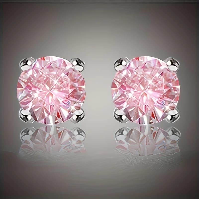 Fashion Concise Design Pink Synthetic Zircon Silvery Plated Stud Earrings for Women's Elegant Party Banquet Jewelry Accessories