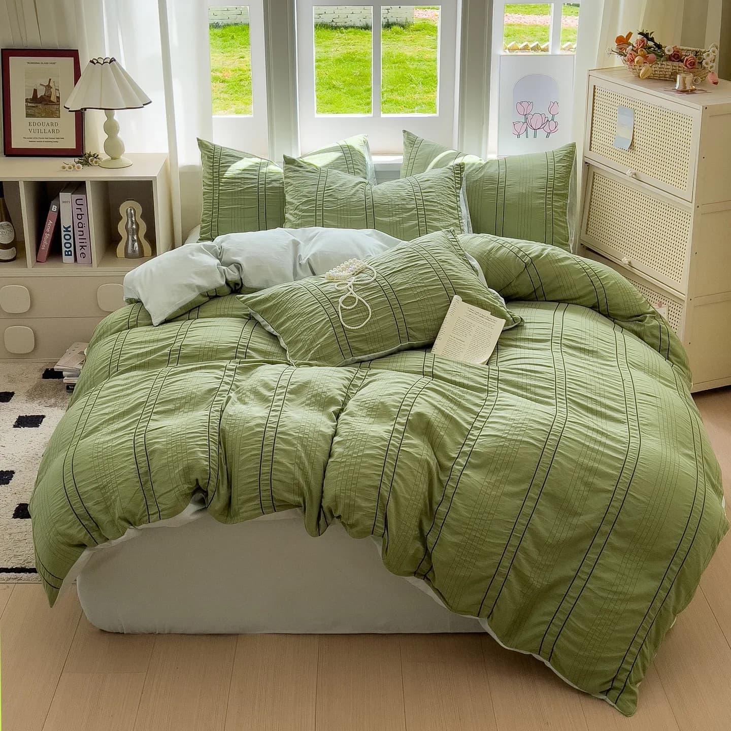 Set copripiumino a righe verde matcha da 3 pezzi (1 copripiumino + 2 federe, nessun piumino o imbottitura per cuscino inclusi)