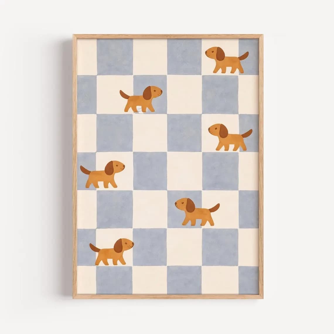 Decorazione Murale con Stampa di Cuccioli a Scacchiera Blu - Arte Giocosa per Bambini, Ideale per Cameretta, Sala Giochi o Arredamento per Amanti dei Cani