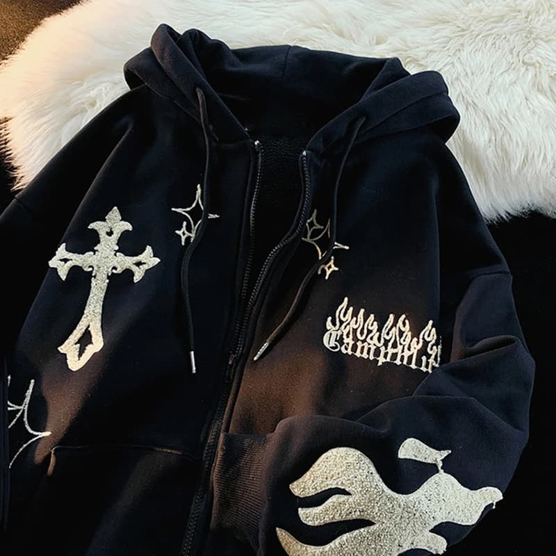 2023 europeo e americano autunno/inverno felpa con cappuccio ricamato croce fiamma cappotto peluche coppia sciolto Top maglione
