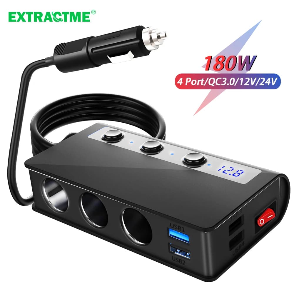Extractme 180W Accendisigari Splitter Carica Rapida 3.0 Adattatore per Caricabatteria da Auto 12V/24V 4 Porte Presa di Ricarica USB per Il Telefono IPad
