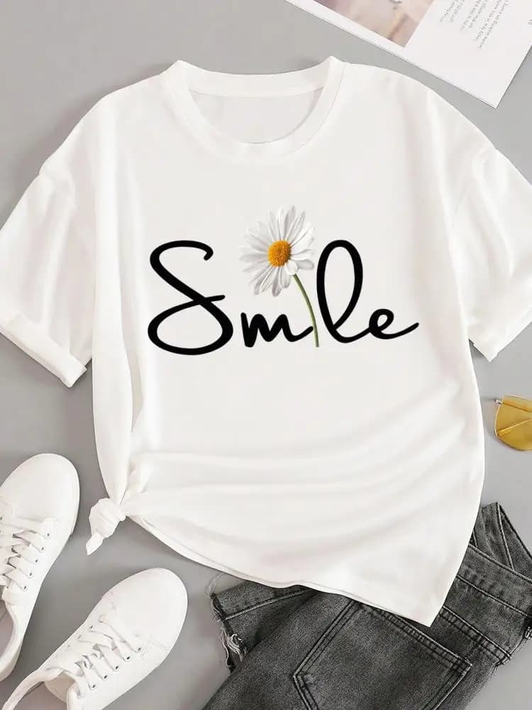 T-shirt da Donna con Stampa Floreale Stile Anni '90, Maglietta Bianca Casual alla Moda con Maniche Corte e Collo Tondo