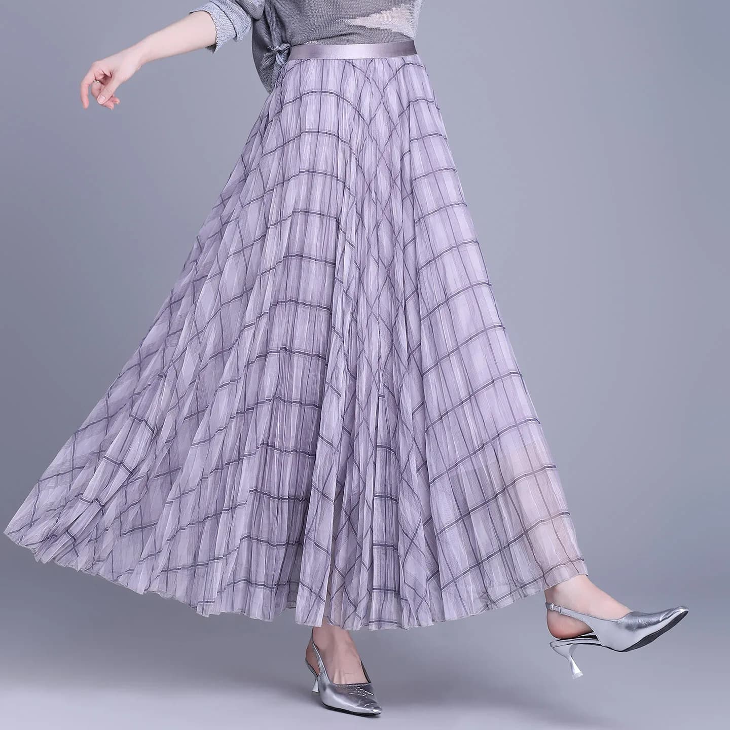 Gonna Midi a Trapezio a Quadri alla Moda da Donna, Nuovo Stile Primavera 2026, Elegante, Snellente, in Tulle a Mezza Lunghezza