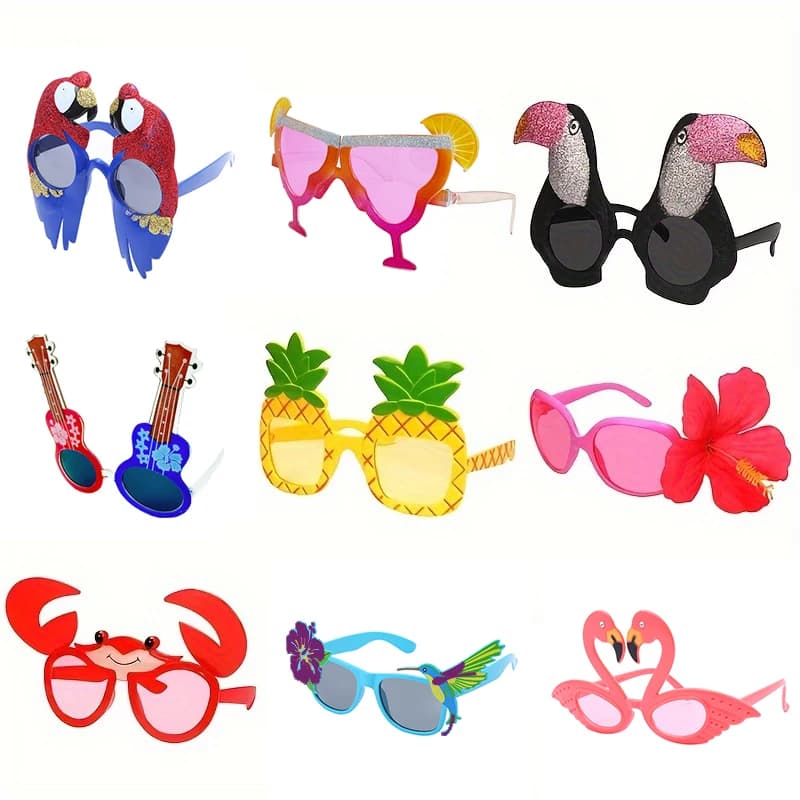 9 pairs of Hawaiian glasses, sunglasses for Luau parties, scene objects for tropical dresses, fun summer wedding favors, decorations for beach themed parties