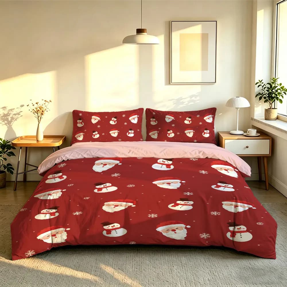 3‑Pieces Christmas Snowman Santa Snowflake Print Bedding Set Without Filler Duvet Cover 2 Pillowcases Soft Comfortable Machin
