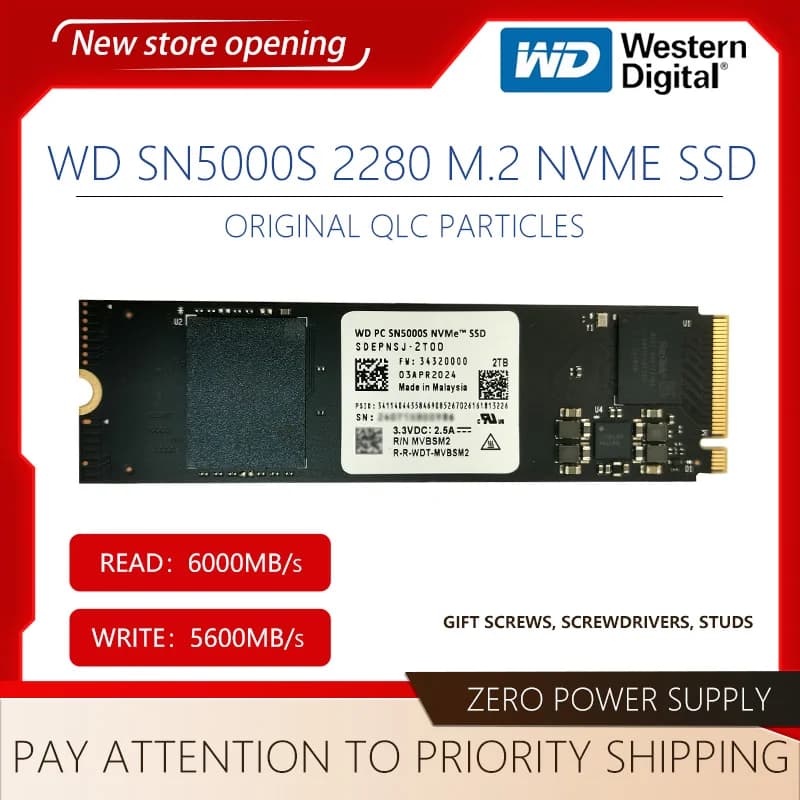 Western Digital WD SN5000s M.2 NVMe 2280 SSD Unità a stato solido da 2 TB PCIe4.0 Gen4 per Ultrabook, PC