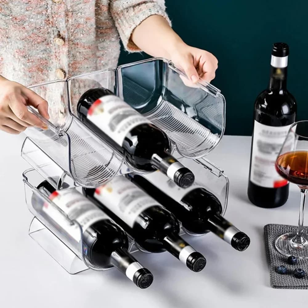Portabottiglie trasparente per vino e acqua da frigorifero, organizer impilabile per portabottiglie in plastica per frigorifero, armadietto, dispensa