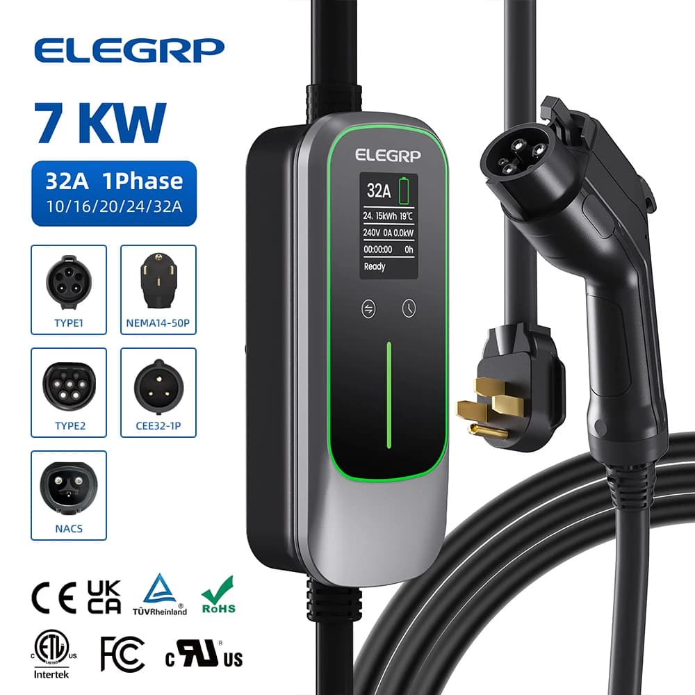 Portable charger for electric vehicles ELEGRP 32 Amp, mobile home charging station for electric cars J1772.