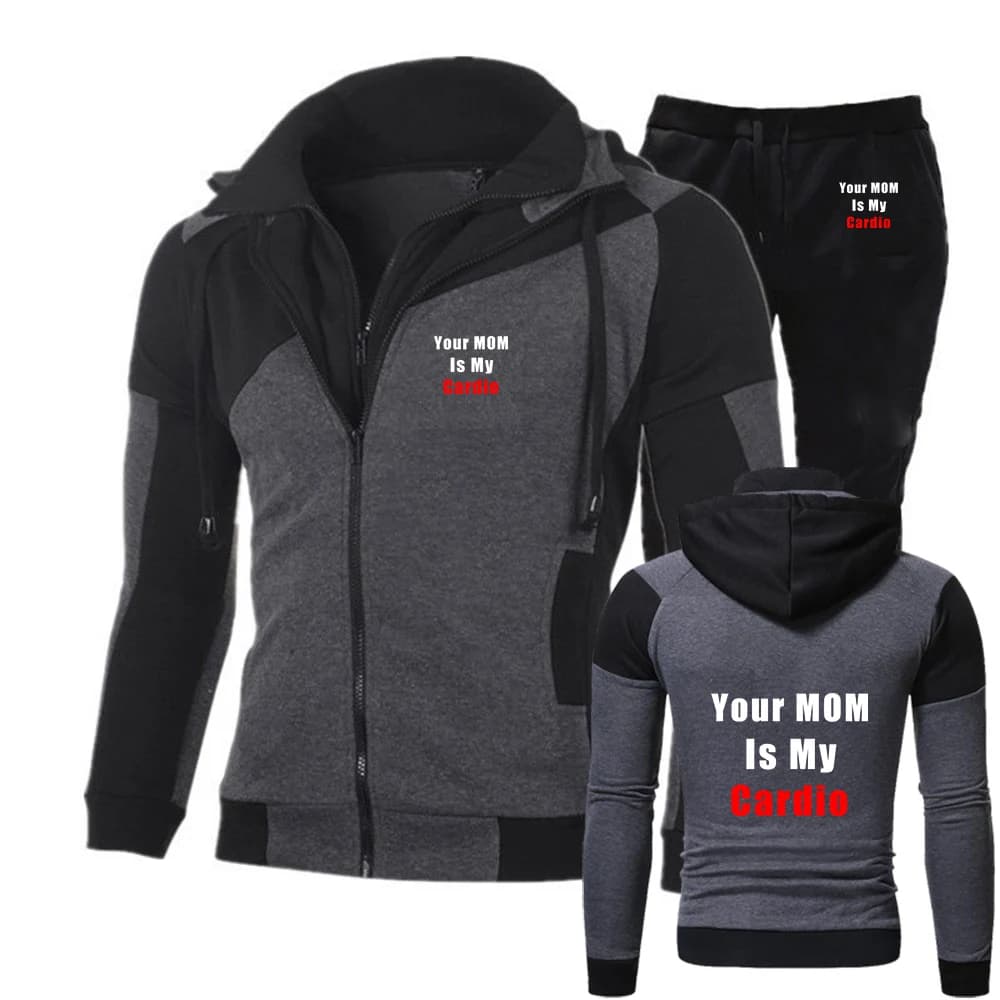 2026 Your Mom Is My Cardio Gym Print Men's New Spring Autumn Casual Color Matching Design Diagonal Zipper Hoodie+Pant Suit