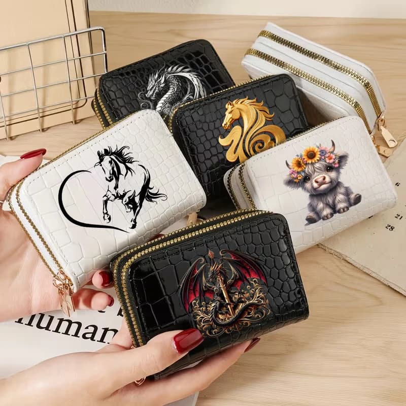 Horse Head Dragon Highland Cow Card Wallet Women Zipper Short Style Purse Large Capacity Multi CardSlot Coin Purse Gift