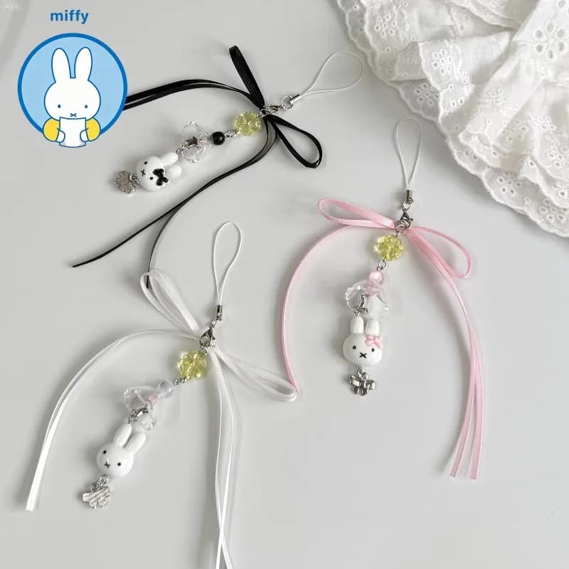 Kawaii Miffy Japanese Korean Lovely Wind Chimes Mobile Phone Chain Girl Sweetheart Bow Ribbon Keychain Four-leaf Clover Pendant