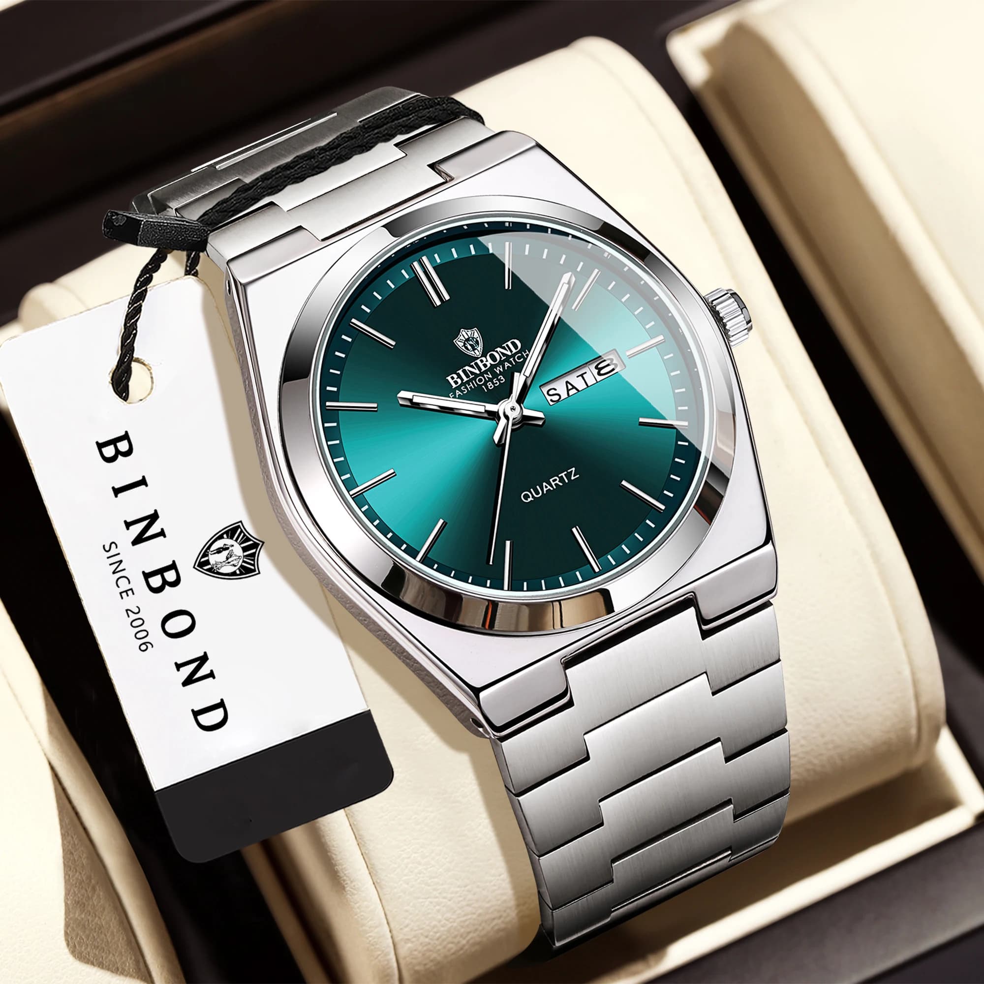 BINBOND orginal accurate quartz watches for men luxury sturdy waterproof luminous auto date week display stainless steel reloj
