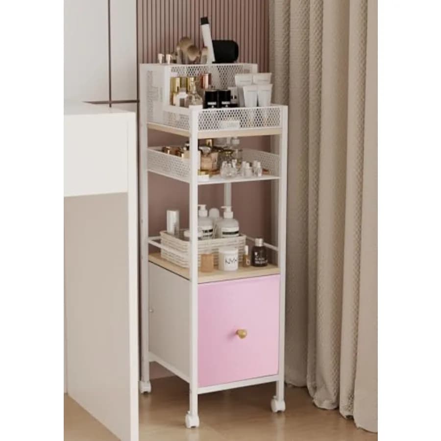 Organizing Trolley for Earth Tricks with Drawers, Pink, for Bathroom, Cosmetic Organization, Disposable, Perfume, Makeup Brushes