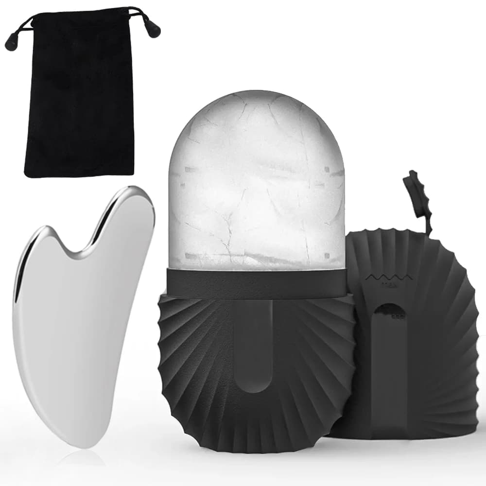 Set di Strumenti per Massaggio Viso con Rullo di Ghiaccio e Gua Sha in Acciaio Inossidabile, Kit per la Cura della Pelle, Strumento per Lifting e Contouring, Riutilizzabile