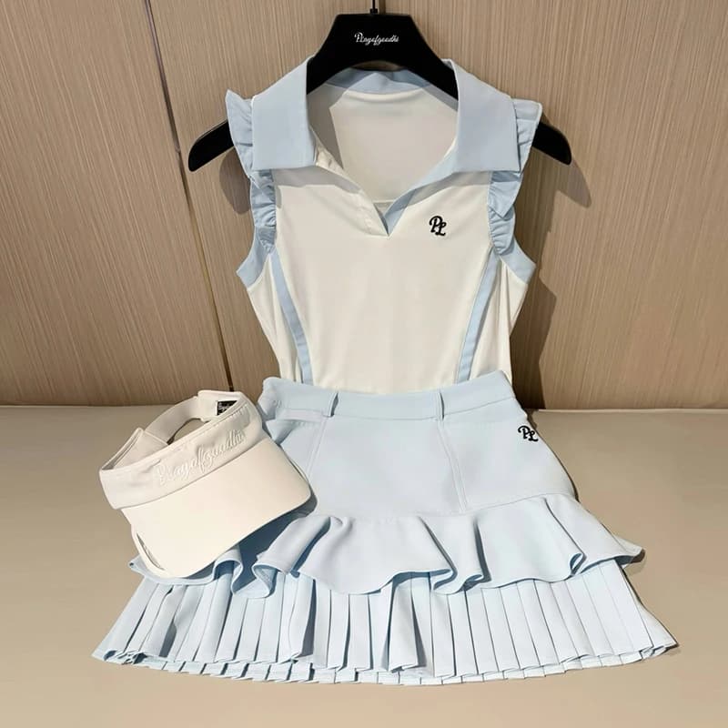 PL Nuovi vestiti da golf Donna Ruffle senza maniche con scollo a V T-shirt da donna Fly Sleeve Slim Canotta a vita alta Gonne da tennis a pieghe Golf