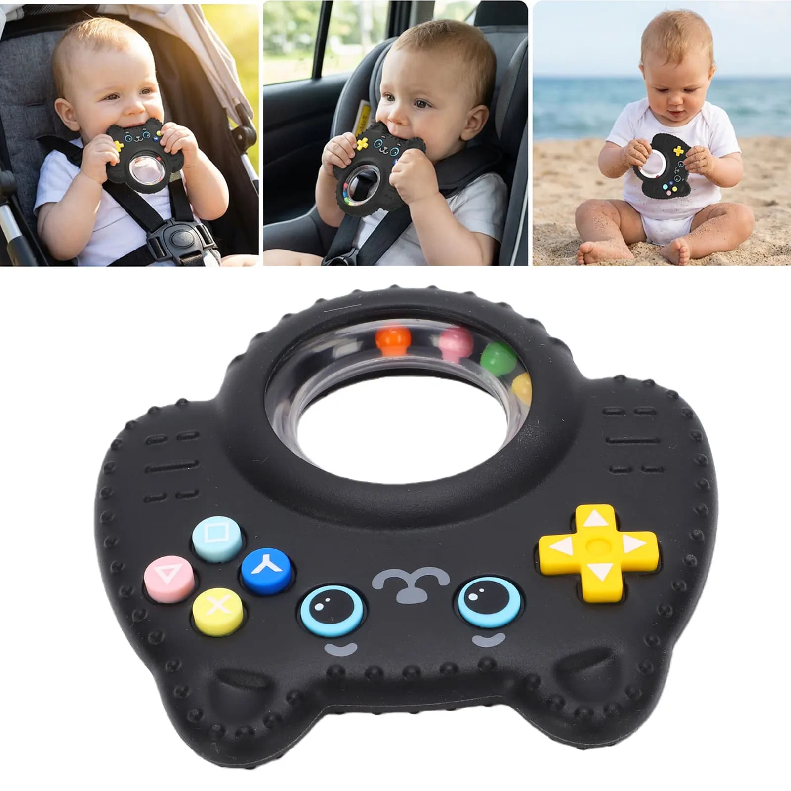 Massaggiagengive a forma di controller di gioco, in silicone alimentare, sonaglio e giocattolo da masticare per neonati e bambini piccoli