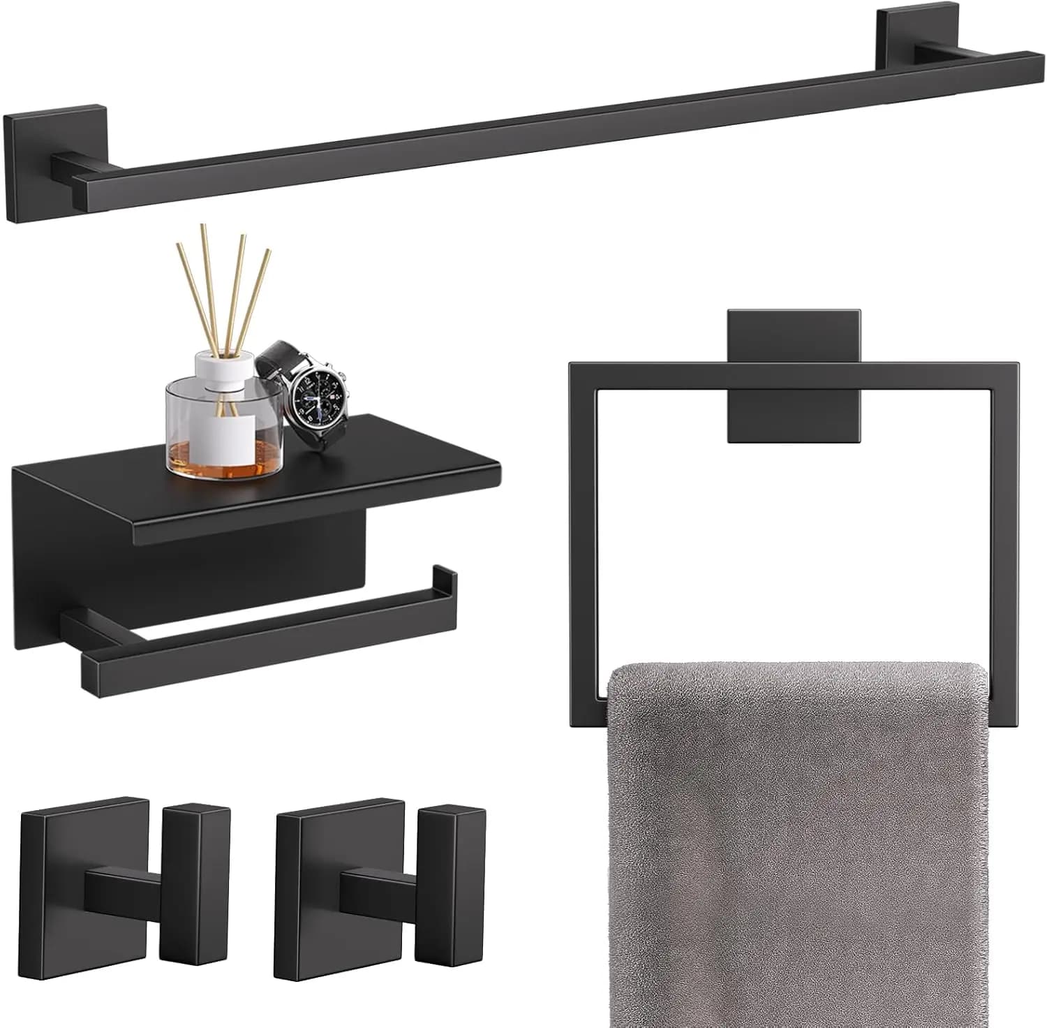 Set di accessori da bagno nero opaco da 5 pezzi con portasciugamani, anello, portarotolo e ganci in acciaio inossidabile