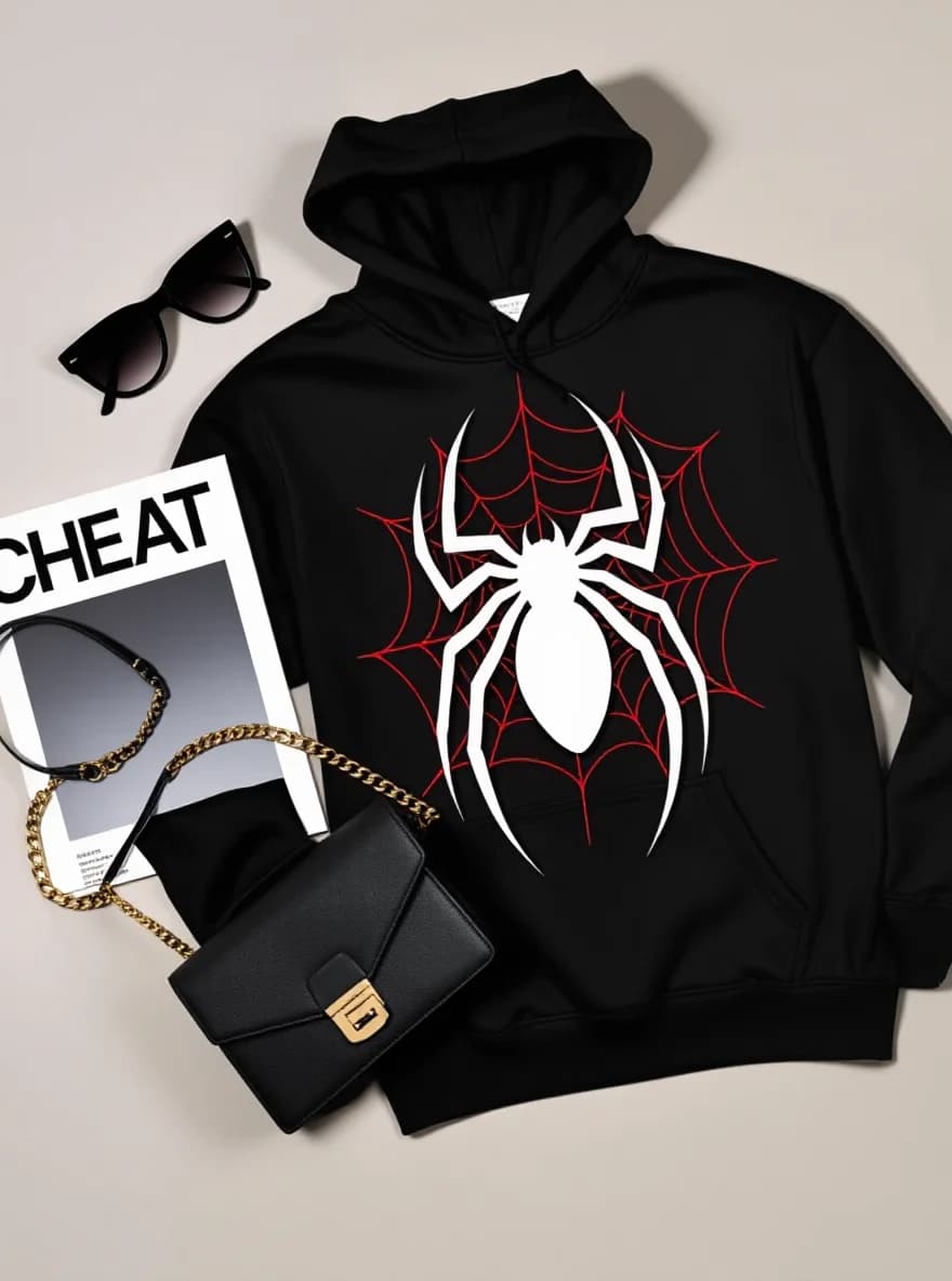 Felpa con cappuccio rossa nera da uomo Spider Web, maglia elasticizzata, tasca a marsupio, stampa digitale, Halloween/Inverno
