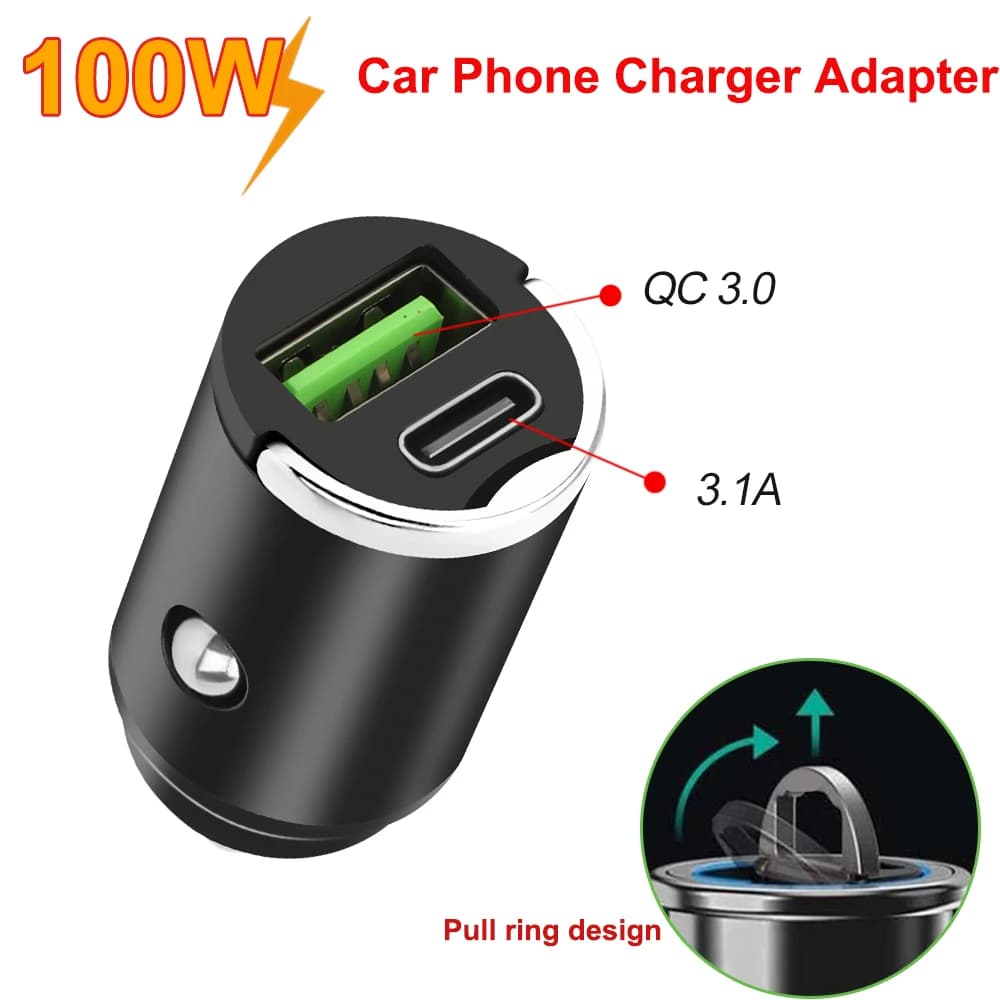 Quick charging USB C car charger adapter with traction ring for mini car charger 12V-24V for iPhone Xiaomi Samsung Huawei