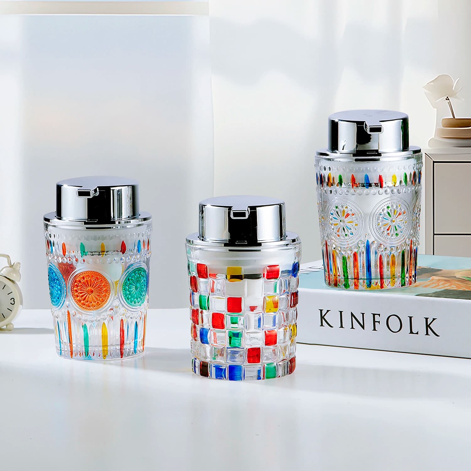 Bottiglia con pompa ricaricabile per dispenser di sapone in vetro dipinto per sapone liquido, gel doccia, sapone per le mani, accessori per il bagno di casa