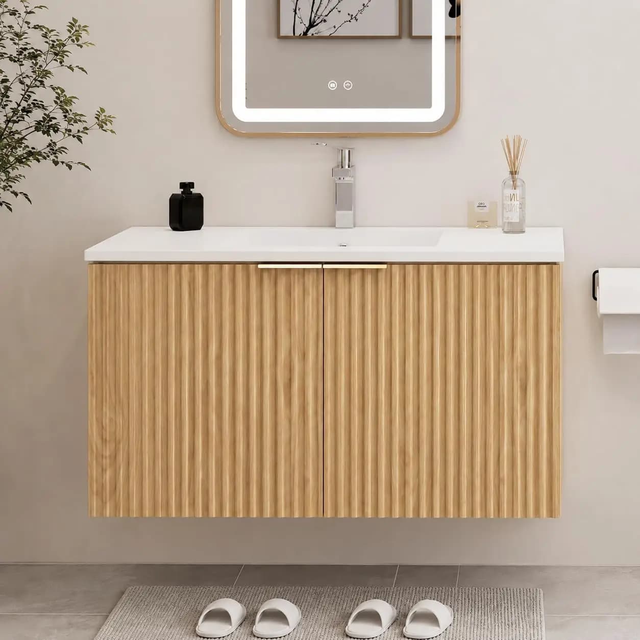 Modern Floating Bathroom Vanity With Wavy Textured Doors Wall Mounted Storage Cabinet Soft Close Hinges Ceramic Sink Basin Organizer For Home Restroom Nature