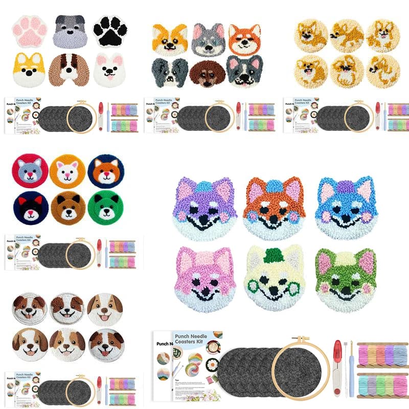 GATYZTORY 6 Set Animal Pattern Punch Needle Coasters Kit Dog Punch Needle Embroidery Kit DIY Mug Tufted Rug Making Set for Adult