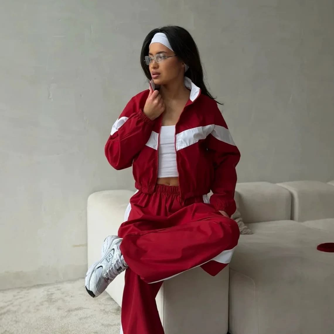 Women Casual Tracksuit 2 Piece Outfit Set Zip Up Cropped Windbreaker Jacket Elastic Waist Stripe Pants Lady Sport Matching Suit