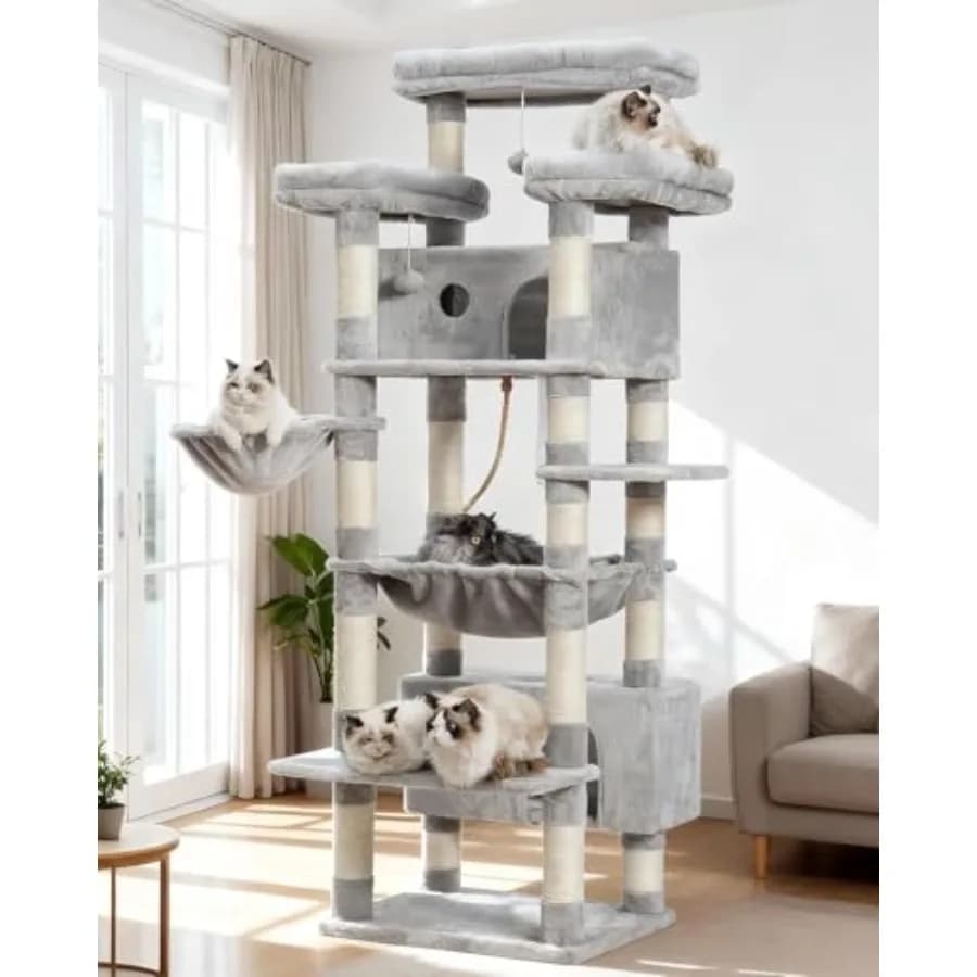 Tiragraffi per Gatti da Interno Grande per Adulti, Altezza 188 cm, con 3 Grandi Piattaforme, 2 Cesti, 2 Cucce, Tiragraffi Multilivello