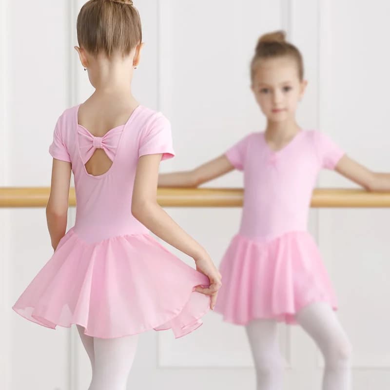 Girl Ballet Leotard with Chiffon Tulle Skirt Kids Bowknot Lyrical Dance Dress Short/Long Sleeve Bodysuit Back Bow Tie Dance Wear