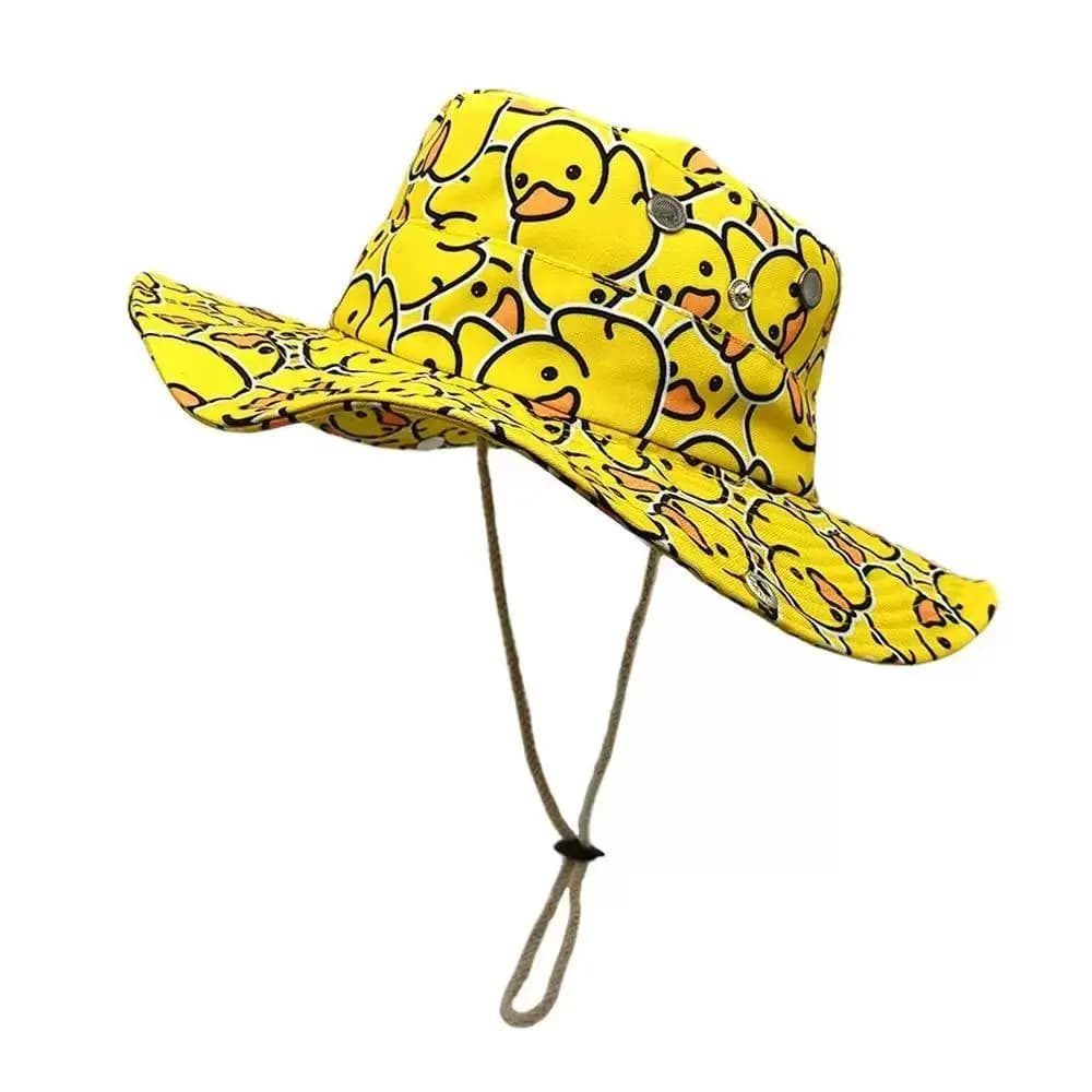 Cappello da pescatore con simpatico cartone animato di anatre gialle per uomo e donna - Cappello da pesca estivo con protezione UV e cinturino regolabile sottogola, stile retrò anni '80 e '90