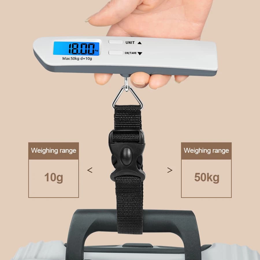 50kg/110lbs Bilancia per bagagli portatile Ad alta precisione Retroilluminazione blu Bilancia digitale da viaggio Display LCD Pesca elettronica