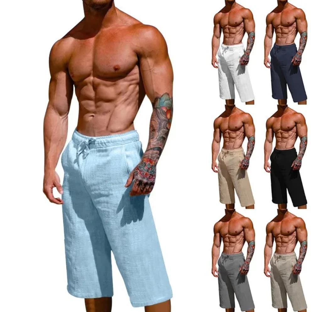 Men's Loose Fit Linen Cotton Breathable 7/8 Length Sporty Casual Shorts Summer Fashion Urban Style Mid Waist with Belt