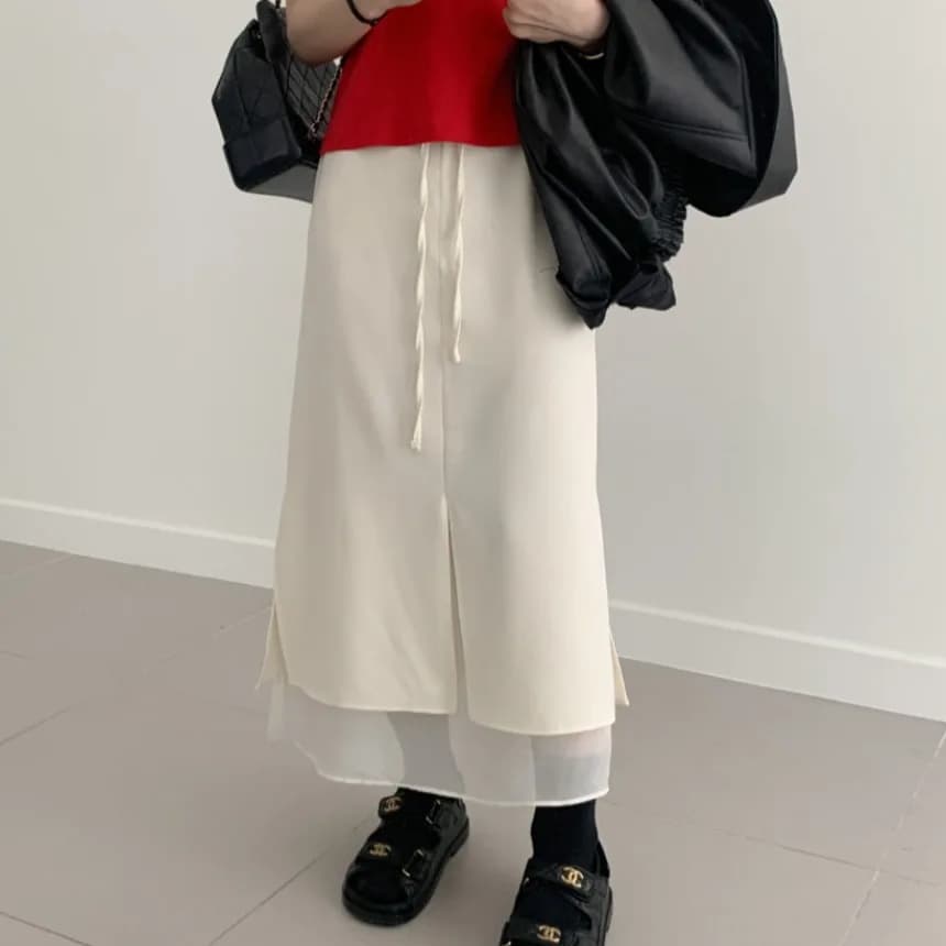 Elegante gonna midi a doppio strato con elastico in vita, design a spacco, stile coreano, delicata sulla pelle, per donna, estiva, per il commuting.