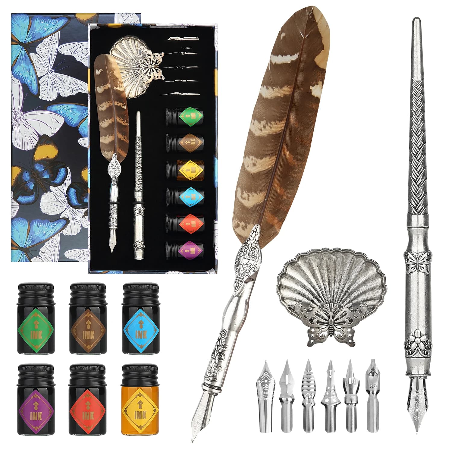 Quill Pen and Ink Set,Feather Dip pen with 6 bottles of ink,Antique Calligraphy Pen,Metallic Dip Pen for Beginners