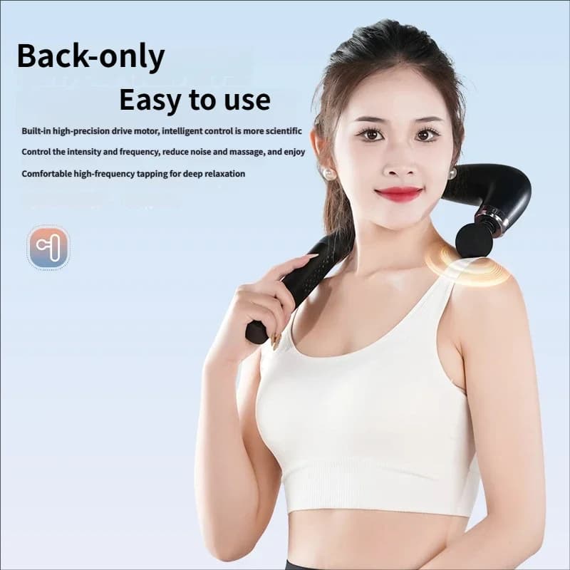 Massage gun with curved hook for self-massage back and shoulders, perfect for muscle relaxation, fitness and home workouts