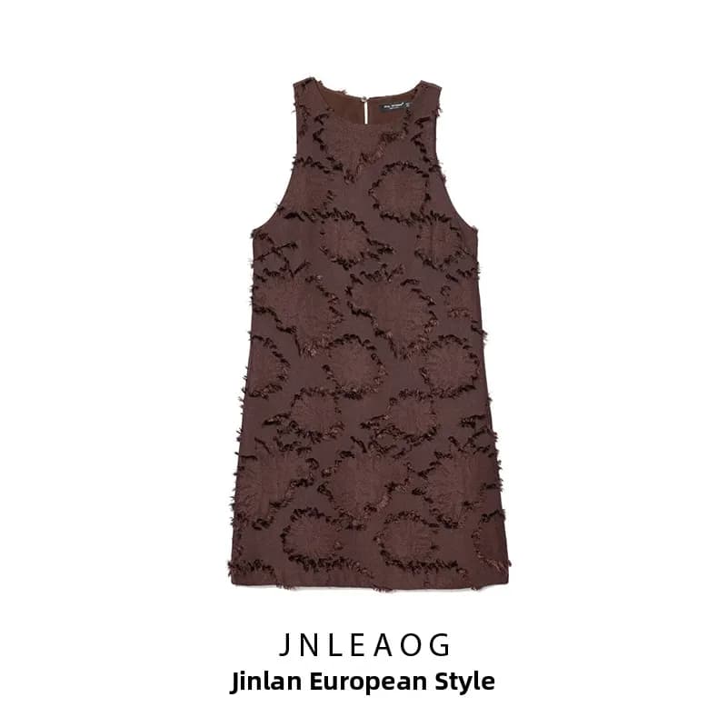 JNLEAOG Autumn New Women's Fashion Design Texture Fabric round Neck Sleeveless Dress Polyester Fiber Straight Skirt