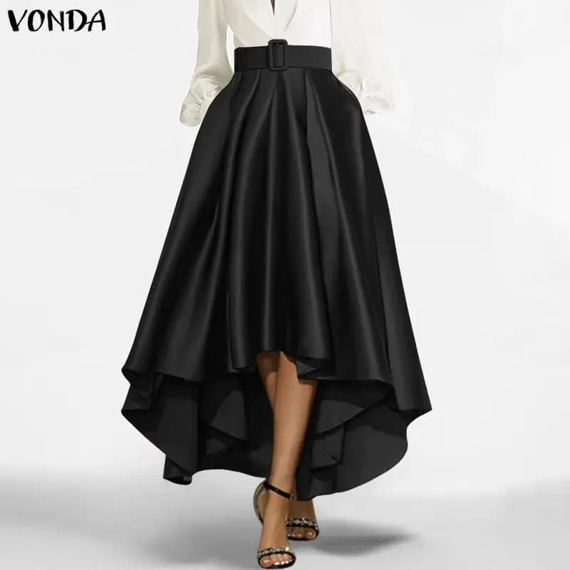 Gonne Lunghe VONDA Taglie Forti 5XL, Asimmetriche in Raso, Eleganti con Cintura, Vita Alta, Jupes Faldas Saia