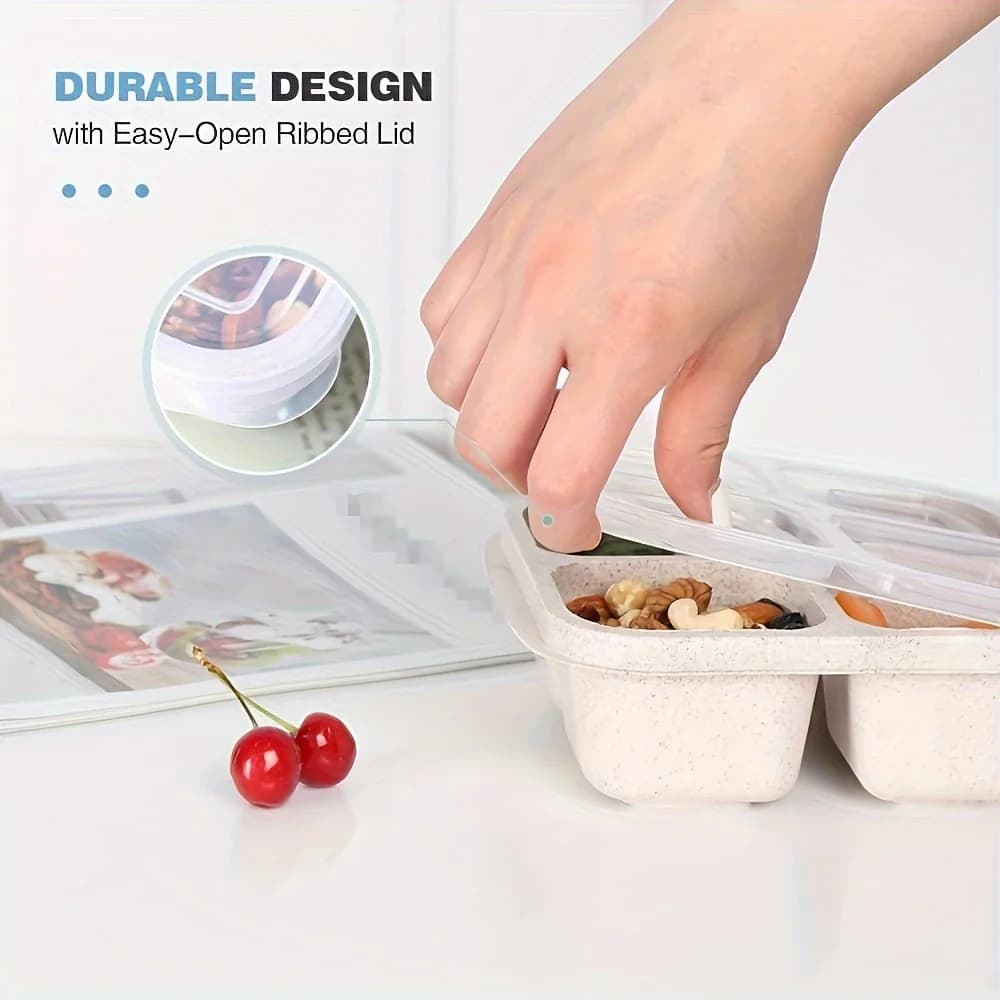 Set di 3 Contenitori Bento Premium in Paglia di Grano - Scatola Pranzo a 4 Scomparti con Coperchio Trasparente, Lavabile in Lavastoviglie per Scuola/Ufficio