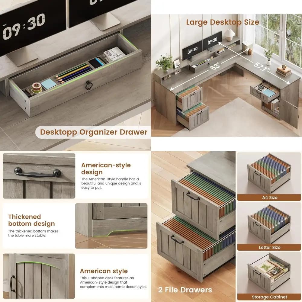 Scrivania da ufficio a forma di L in legno con cassetti, mobiletto portaoggetti e supporto per monitor, grigia