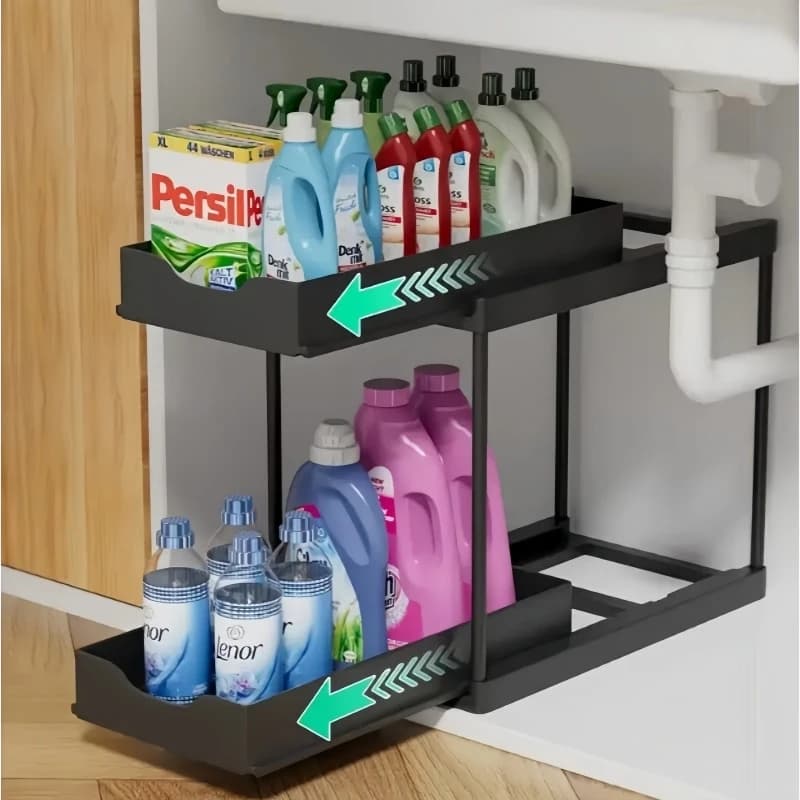 Organizzatore Multifunzionale a Doppio Strato con Cassetto Estraibile Sotto Lavello, Antiscivolo con 5 Ganci per Cucina e Bagno