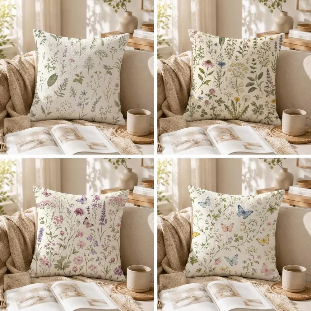 Sage Green Wild Flower Plant Cushion Cover Natural Linen Printed Pillow case Cool Breathable for Living Room Bedroom Sofa