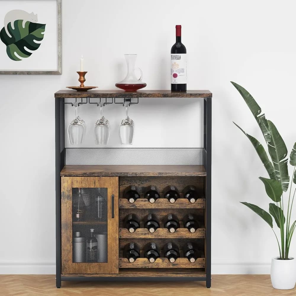Idealehouse Armadietto bar per vini a 3 livelli con portabottiglie e cassetto staccabili, credenza industriale e mobile buffet con supporto in vetro