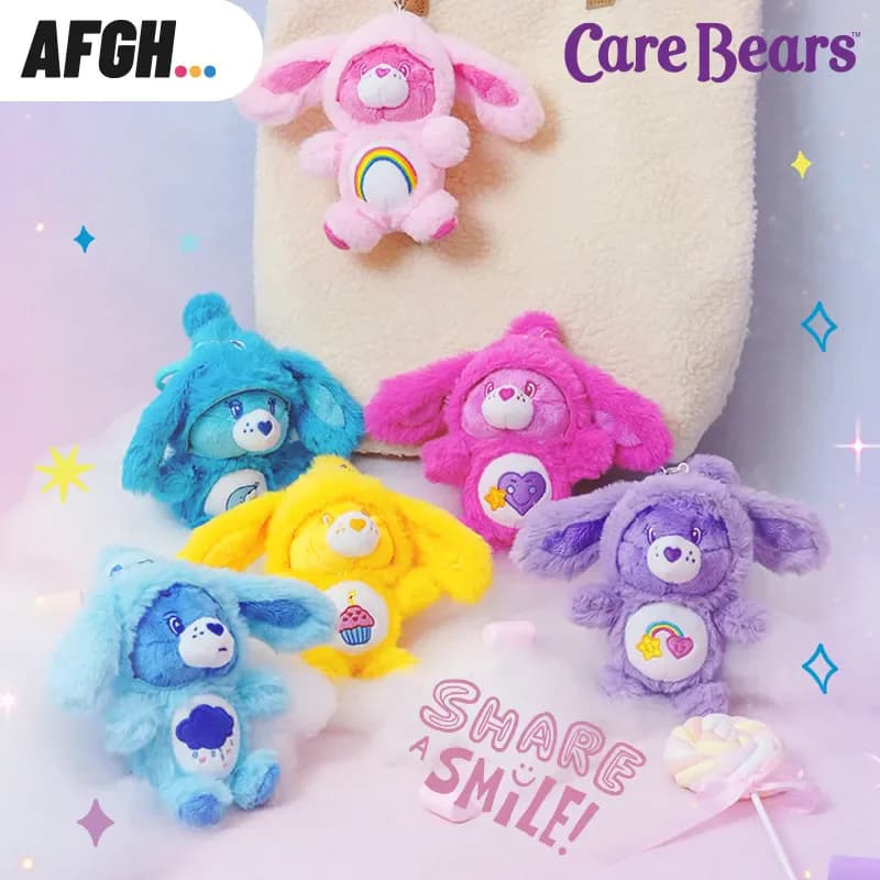 Portachiavi Peluche Care Bears 17cm con Cappuccio a Orecchie di Coniglio Colorato, Ciondolo Orsetto Morbido e Soffice, Decorazione Trendy per Borsa, Portachiavi Cartone Animato
