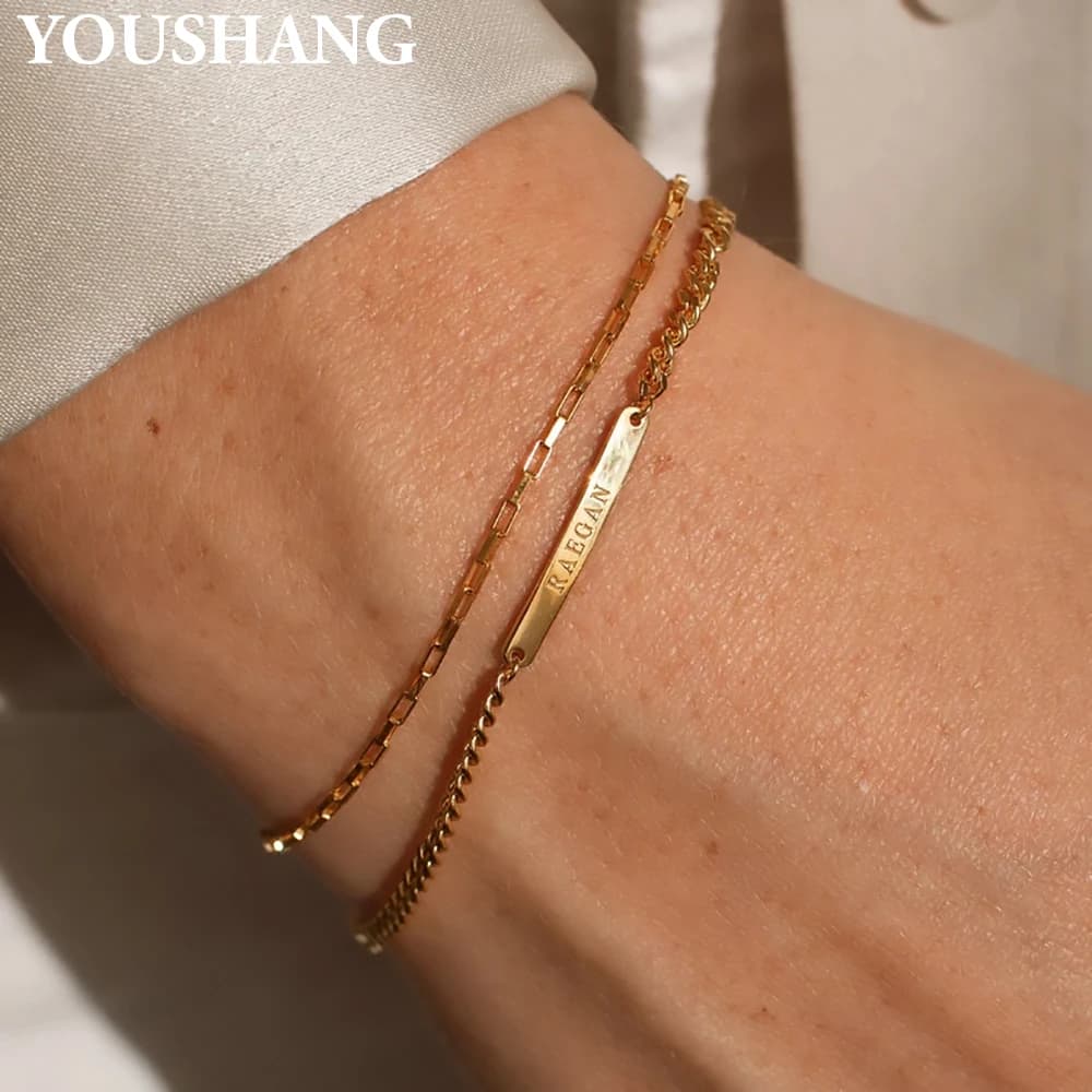 YOUSHANG Bracciale cubano personalizzato in acciaio inossidabile Nome personalizzato Incisione Data Gioielli commemorativi Regalo di festa per coppie