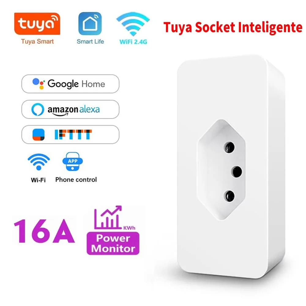 Presa Intelligente WiFi Tuya Standard Brasiliano 16A con Monitoraggio Consumo, Compatibile con Google Home e Alexa, Controllo Vocale e Remoto tramite App