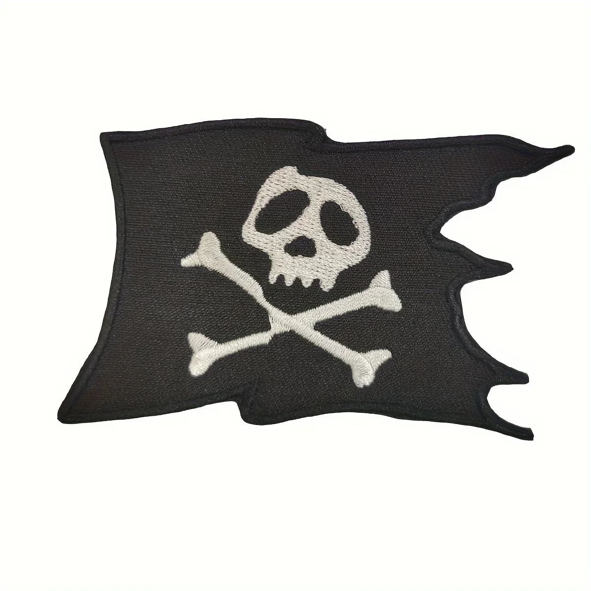 1 adesivo termoadesivo ricamato con bandiera pirata con teschio bianco e ossa incrociate con nave pirata per cappelli, jeans, giacche fai da te