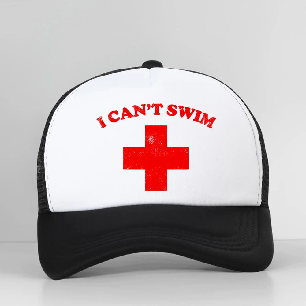 Divertente Cappellino da Baseball con Grafica 'I Can't Swim' da Bagnino, Unisex, alla Moda, Casual, Traspirante, Cappello da Sole, Cappello Trucker in Rete per Esterni